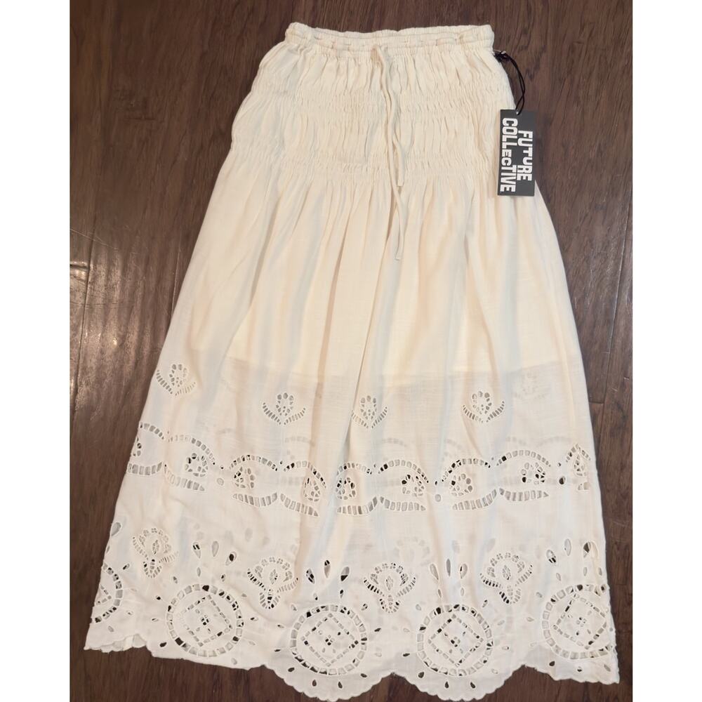 Future Collective Off White Eyelet Maxi Skirt Boho Smocked Waist Women’s S NWT
